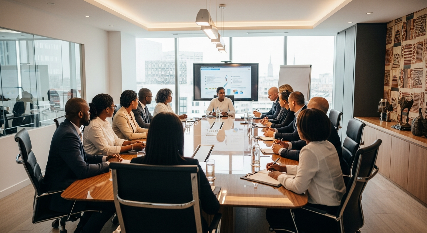 Executive corporate boardroom meeting at Kibitech Ghana